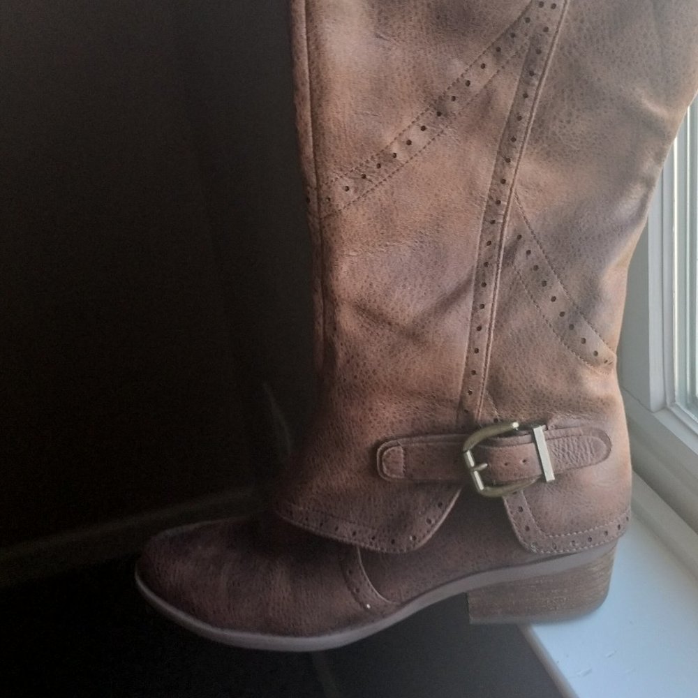 Not Rated Yuriko Western Style Tall Brown Boots with buckle detail and low heel